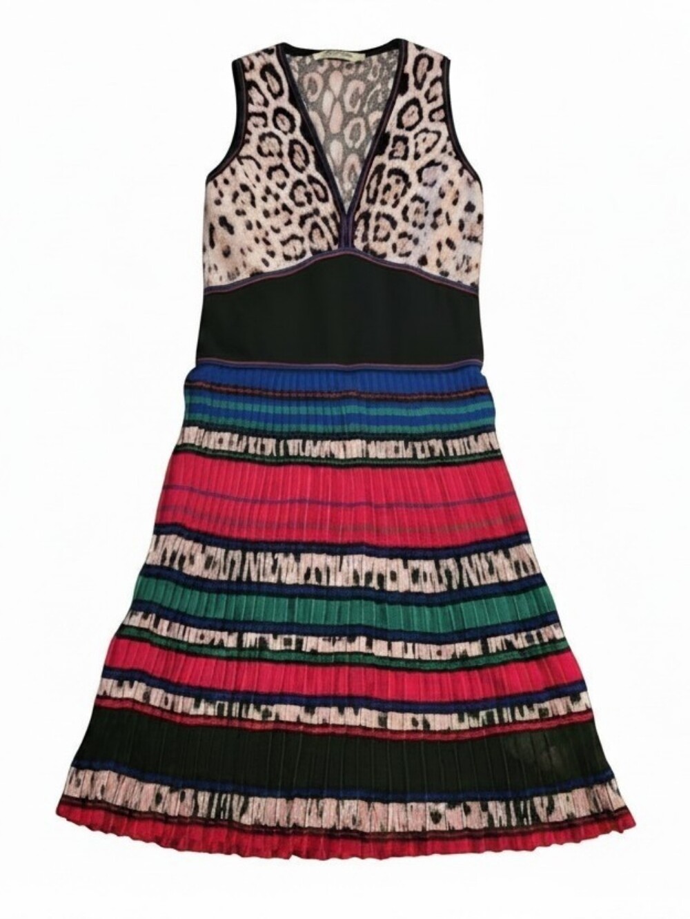 Roberto Cavalli Vintage Sleeveless Multicolor Knit Dress, Leopard Bodice NWOT, M